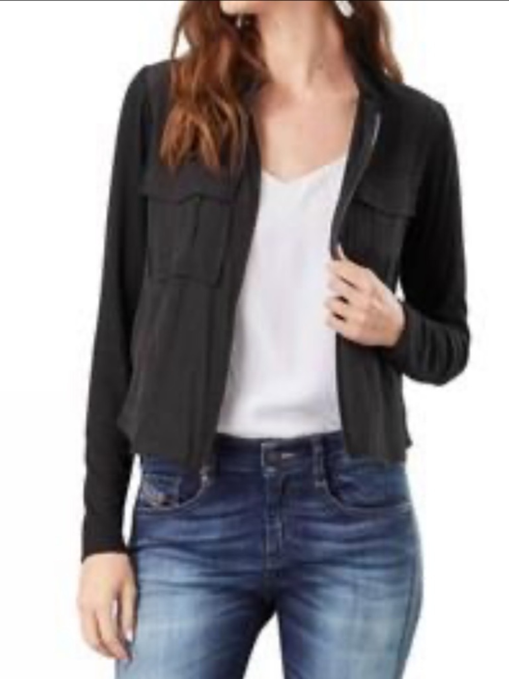 Lola & Sophie Black Satin Lightweight Utility Zip Up Jacket Size Large